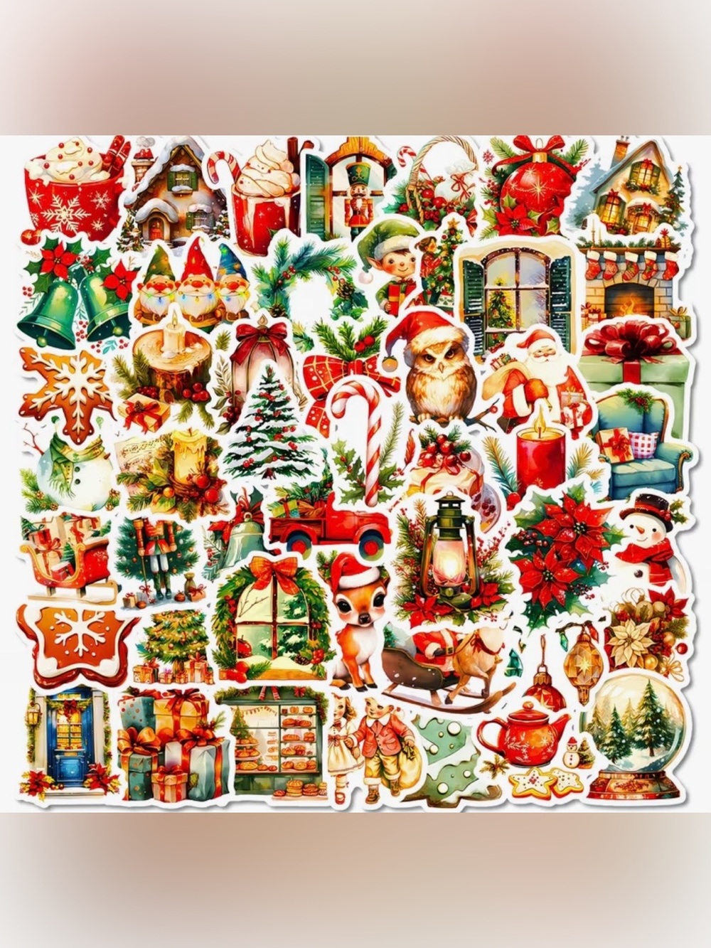 50 Christmas Vintage Designs Stickers Santa Teapot Cookies Fireplace Hot Cocoa